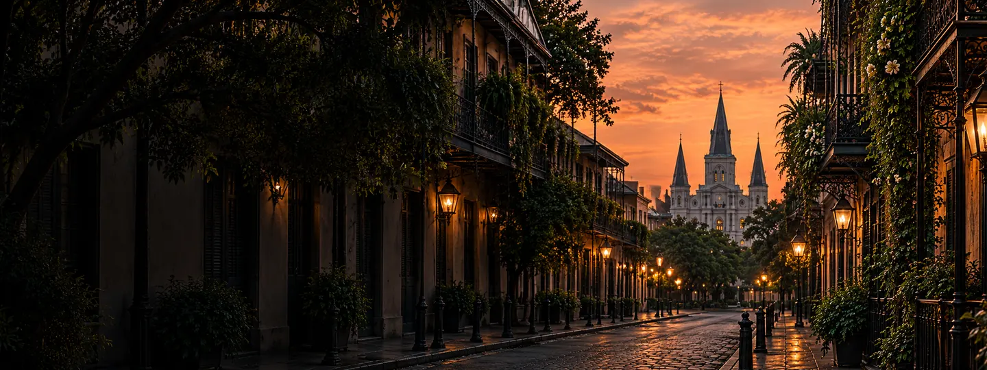 Generated New Orleans-inspired artwork of a lantern-lit street and cathedral at dusk
