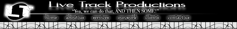 Original Live Track Productions website header with the LT mark, business name, navigation labels, and musical notation