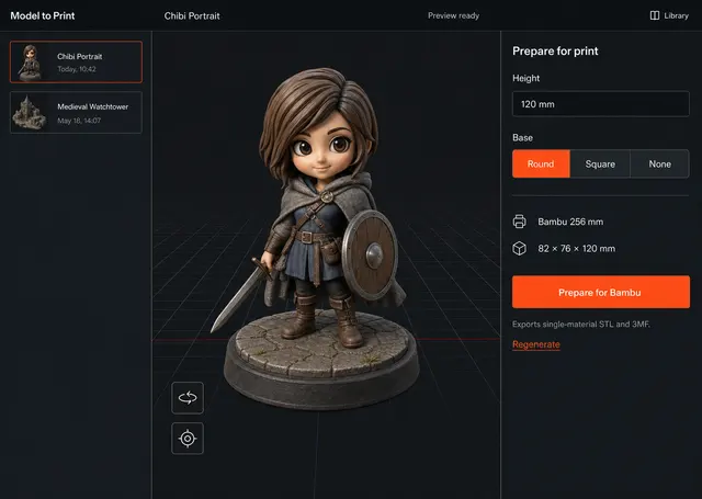 Model to Print interface concept showing a stylized figure preview, project library and print-preparation controls