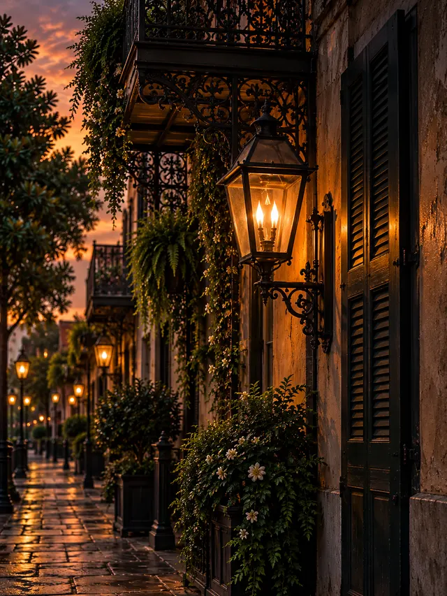 Generated New Orleans-inspired artwork of a glowing lantern, wrought iron, and shutters
